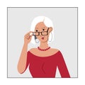 Smart well dressed young woman with glasses. Blonde with a bob hairstyle looks over glasses. Modern character avatar for social me