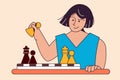 Smart woman chess player holds pawn in hand exposing queen. Royal Gambit. Chess game at table. Vector flat illustration. Banner,