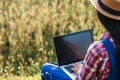 Smart Woman farmer looking barley field with laptop