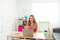 Preschool teacher speaking to her students in an online class