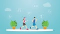 Smart workout concept with couple male and female run together with modern flat style