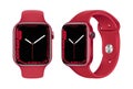 Smart Wrist Watch - Apple Watch 7 series, in front side and sideways, in official red color, on white background. Realistic vector Royalty Free Stock Photo