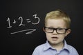 Smart young boy stood infront of a blackboard