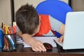 Smart Young Boy Works on a Laptop For His New Project in His Computer Science Class. Pupil doing homework at the Royalty Free Stock Photo