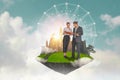 Smart young businessman and businesswoman discuss,standing on green island with cityscape floating in air,sky background,abstract Royalty Free Stock Photo