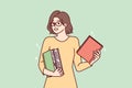 Smart young woman stands holds several books in hands choosing literature for reading. Vector image