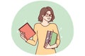 Smart young woman stands holds several books in hands choosing literature for reading. Vector image