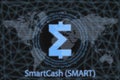 SmartCash SMART Abstract Cryptocurrency. With a dark background and a world map. Graphic concept for your design