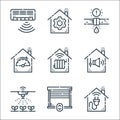 Smarthome line icons. linear set. quality vector line set such as plug, garage, watering, sound control, heating, dashboard, leak