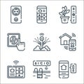 smarthome line icons. linear set. quality vector line set such as alert, pool, tablet, alarm, sprinkle, fingerprint scan, smart