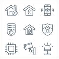 smarthome line icons. linear set. quality vector line set such as bedroom lamp, cctv, chip, shield, electric socket, remote,