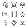smarthome line icons. linear set. quality vector line set such as laptop, smarthome, remote control, lamp, curtains, smart key,
