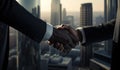 Smartly dressed men exchange a handshake in front of an impressive building, business meeting image