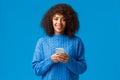 Smartphone addication, gen-z and people concept. Charismatic lovely smiling african-american woman with afro haircut in