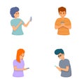 Smartphone addiction icons set cartoon vector. Young people looking at phone Royalty Free Stock Photo