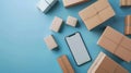 Smartphone Amidst Shipping Boxes. AI generated Royalty Free Stock Photo