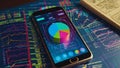 Smartphone Analysis trends business graph and analytic data on isometric mobile phone.