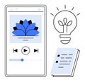 Mobile meditation app interface with play controls, checklist, and glowing light bulb concept Royalty Free Stock Photo