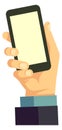 Smartphone app icon. Male hand hold phone with blank screen