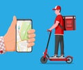 Smartphone with app and man riding kick scooter