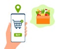 Smartphone app for online shopping goods food. Customer buy box meal. Grocery delivery at home. Shopping cart for buyer with fresh