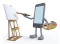 Smartphone with arm and legs painter with brush and easel