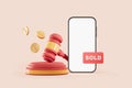 Smartphone and auction gavel with coins on light background, online sale. Mockup