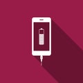 Smartphone battery charge icon isolated with long shadow. Phone with a low battery charge and with USB connection. Flat Royalty Free Stock Photo