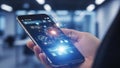 Hand holding smartphone displaying futuristic digital network interface Royalty Free Stock Photo