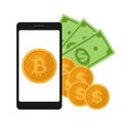 Smartphone with bitcoin symbol and paper dollars with coins coming out of it. Cryptocurrency technology and bitcoin exchange Royalty Free Stock Photo