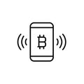 Smartphone with bitcoin and wi-fi symbols. Cryptocurrency wallet and payment. Pixel perfect vector icon