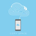 Smartphone black color flat design, cloud icon symbol blue color on screen and cloud icon symbol shape made from earphones cable Royalty Free Stock Photo