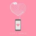 Smartphone black color flat design, heart icon symbol pink color on screen and heart icon symbol shape made from earphones cable Royalty Free Stock Photo