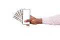 Smartphone with blank screen and cash in black male hand Royalty Free Stock Photo