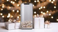Smartphone with blank screen and christmas gifts on bokeh background Royalty Free Stock Photo