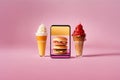 Smartphone with blank screen, ice cream and burgers on pink background