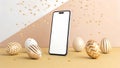 A smartphone with a blank screen surrounded by decorated Easter eggs on a pastel background Royalty Free Stock Photo