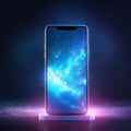 Smartphone with blue lightning on a dark background. 3d rendering Royalty Free Stock Photo