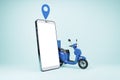 Smartphone and blue scooter concept for app based delivery service on a light blue background.