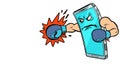 Smartphone boxer character. Internet aggression in social networks