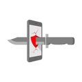 Smartphone with Breaking red shield symbol on screen and knife set Cannot Protection internet cyber crime concept idea