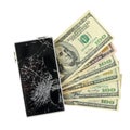 Smartphone with broken display lying on money banknotes Isolated Royalty Free Stock Photo