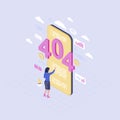 Smartphone browsing problem isometric illustration. 404 error message on mobile phone screen. Female user reading lost server