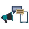 Smartphone and bullhorn with chat bubbles symbol blue lines Royalty Free Stock Photo