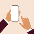 smartphone in businessman hands, person touching screen with finger, flat vector illustration