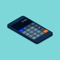 Smartphone with Calculator on monitor isometric flat icon. Mobile Phone 3d vector colorful illustration isolated on blue Royalty Free Stock Photo