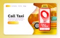 Smartphone call taxi banner concept, place for text, online application, taxi service. Vector