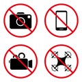 Smartphone Camera Quadcopter Forbidden Pictogram. Ban Recording Video Black Silhouette Icon. Prohibited Photo Camera Red