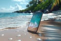 Smartphone capturing tropical beach scene with ocean background, ideal for tech lovers on vacation