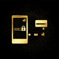 Smartphone, card, password gold icon. Vector illustration of golden particle background